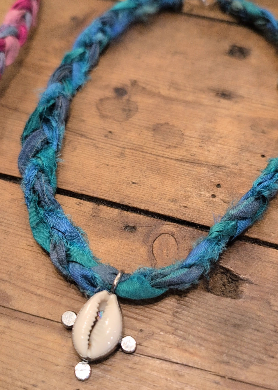 Saree Surf Necklace (Turquoise & Pink silk)