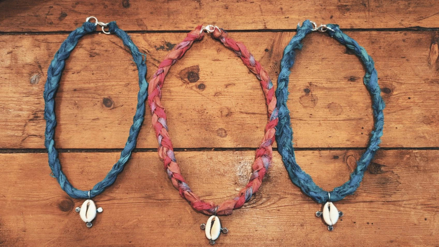 Saree Surf Necklace (Turquoise & Pink silk)