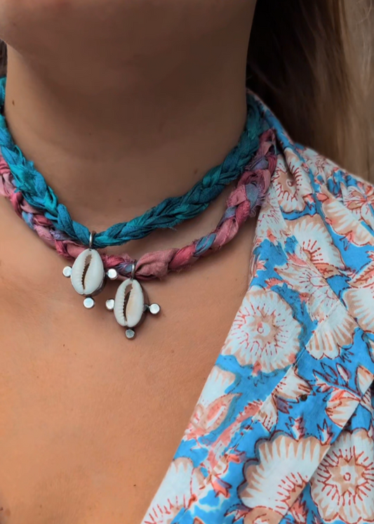 Saree Surf Necklace (Turquoise & Pink silk)